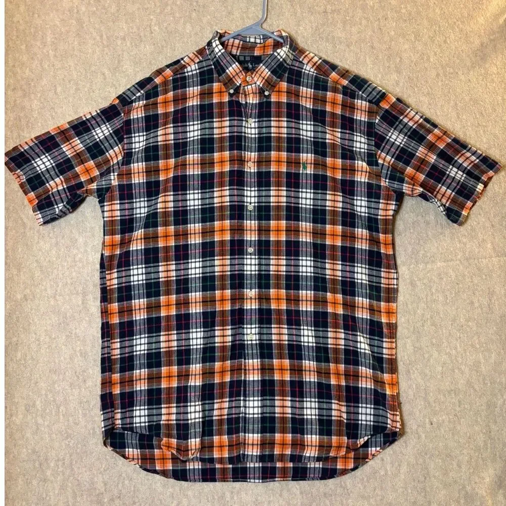 Vintage Ralph Lauren Blake Mens XL Short Sleeve Plaid Shirt Navy Orange